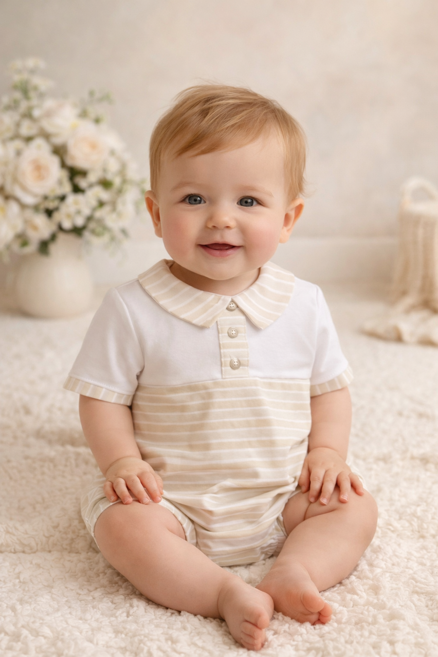 Boys Beige Striped Romper