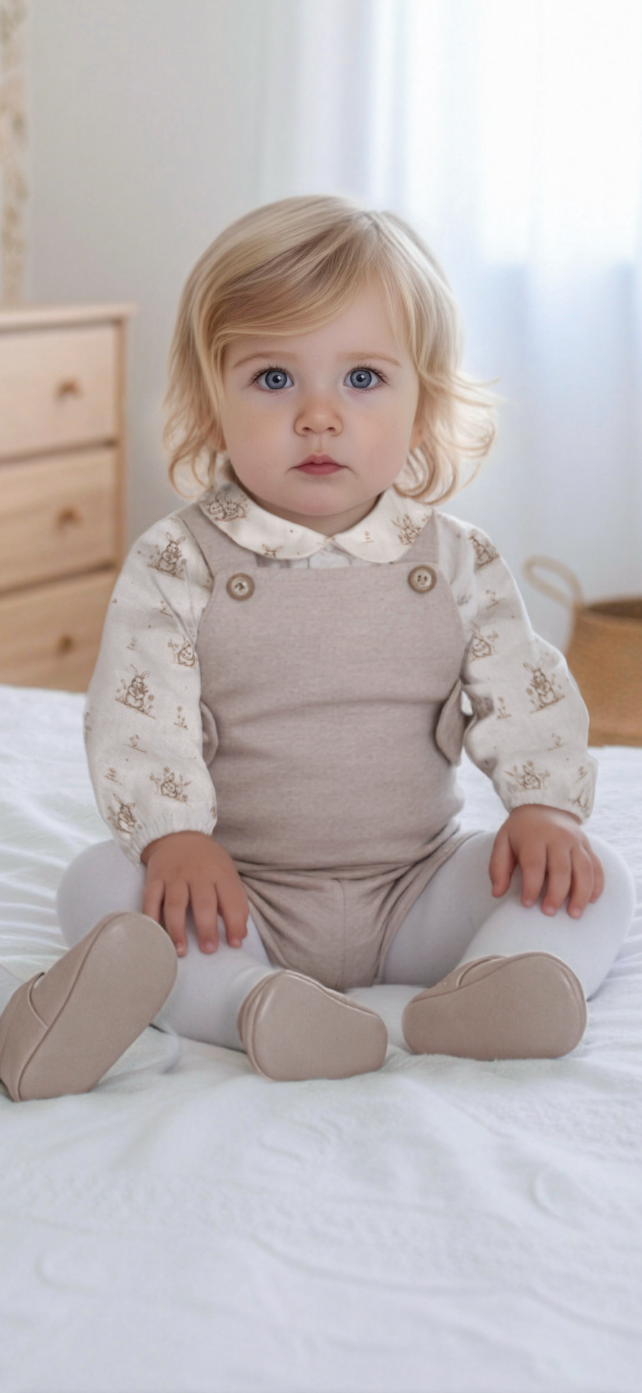 Miranda Taupe Romper & Ivory Bunny Print Shirt Set - PRE ORDER