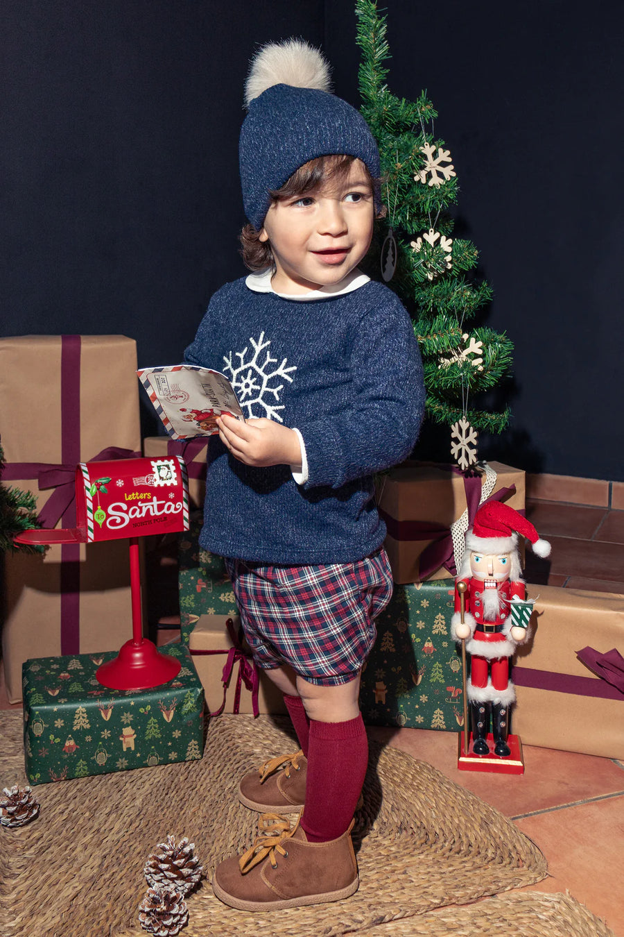 Calamaro Navy Chenile Snowflake Sweater & Tartan Shorts Set