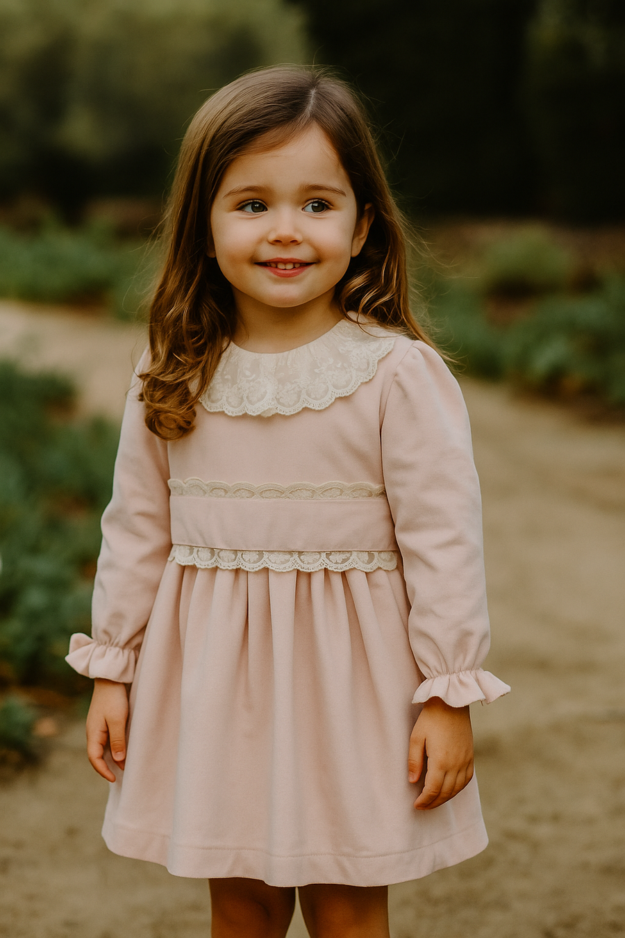 Puro Mimo Shell Pink Velvet & Ivory Lace Dress