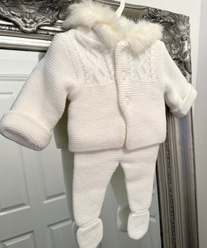 AW23 Sardon Cream Knitted 2-Piece Pram Suit with Fur Trimmed Hood