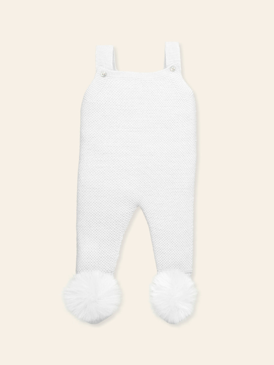 Mac Ilusion White Knitted Dungarees with Fur Pom Poms