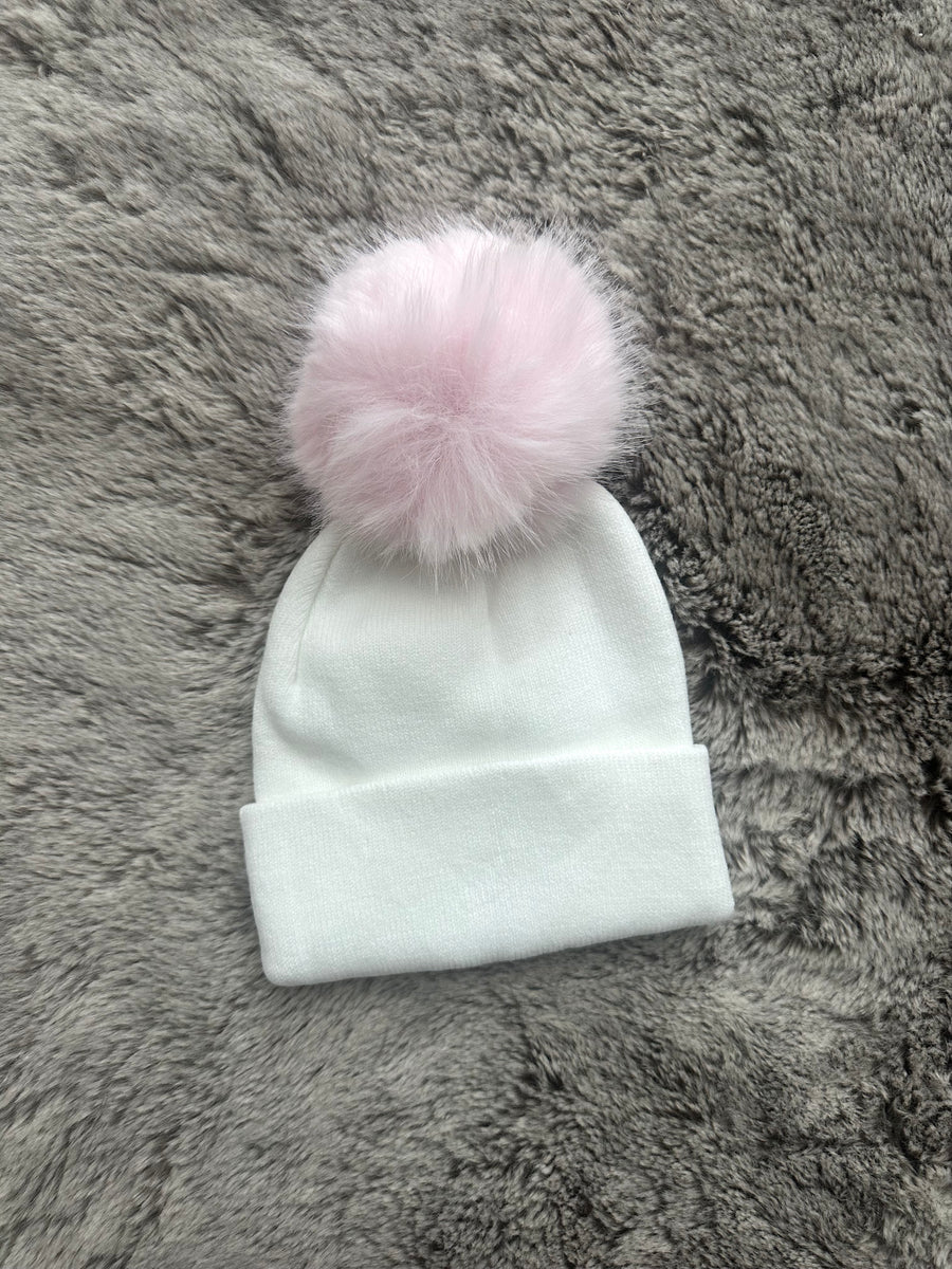 White & Baby Pink Single Pompom Baby Hat