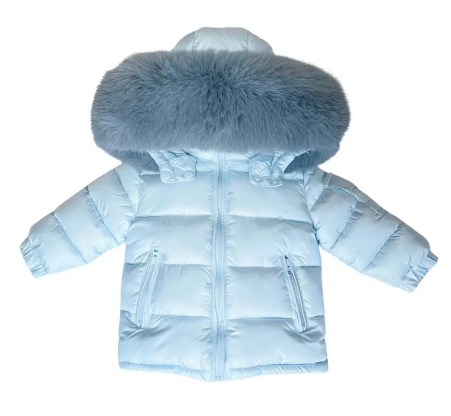 Puffer Jacket with Oversized detachable Faux Fur Hood-Baby Blue