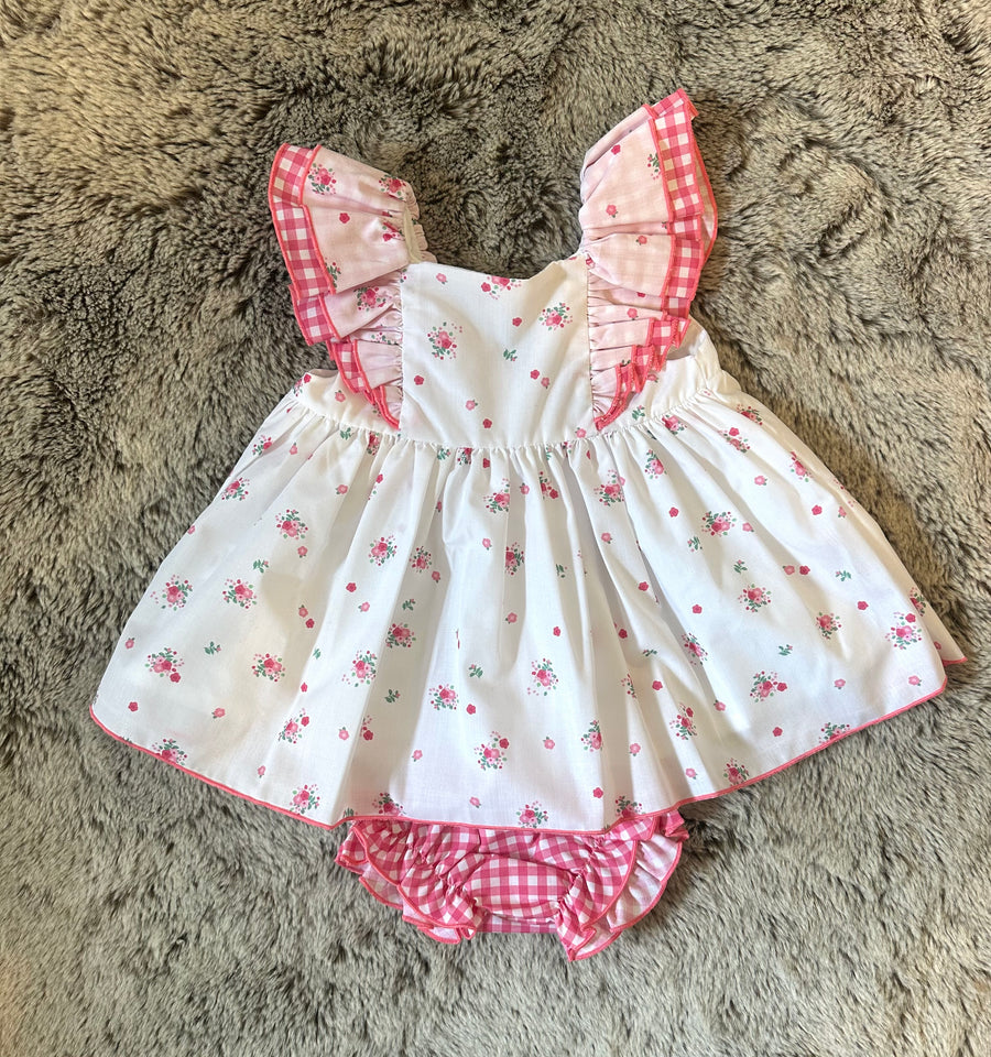 Valentina Bebe White & Pink Floral Print Dress & Pants Set