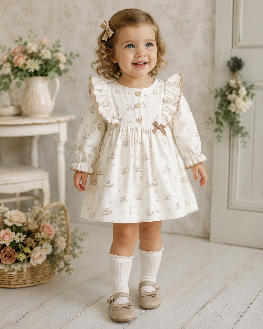 Miranda Ivory & Taupe Bunny Print Dress - PRE ORDER