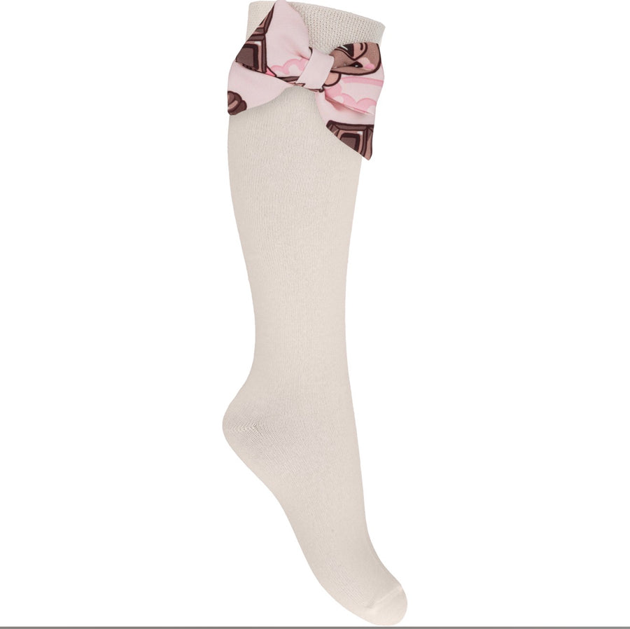 Daga Ivory & Pink & Chocolate Print Bow Socks