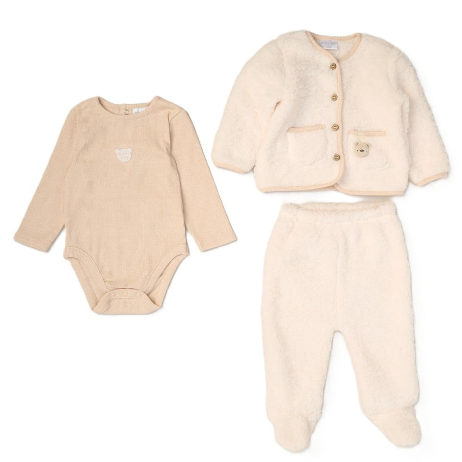 Unisex Baby Borg Jacket, Trouser & Ribbed Bodysuit Outfit