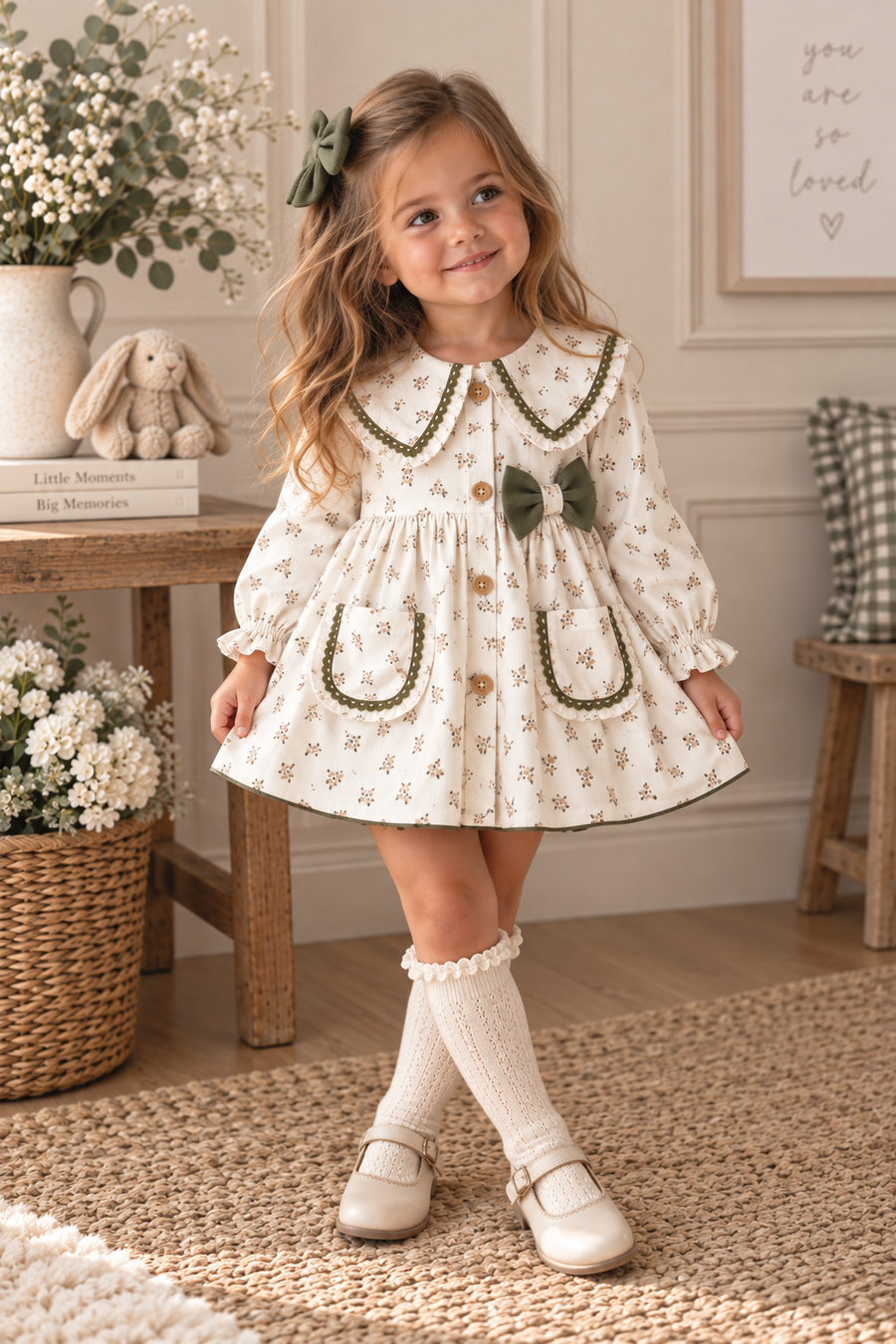 Valentina Bebe White & Sage Green Ditsy Print Dress & Pant Set