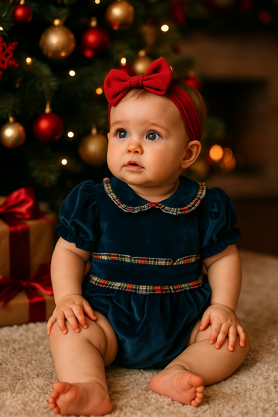 Meraki Midnight Blue Velvet Tartan Trimmed Romper