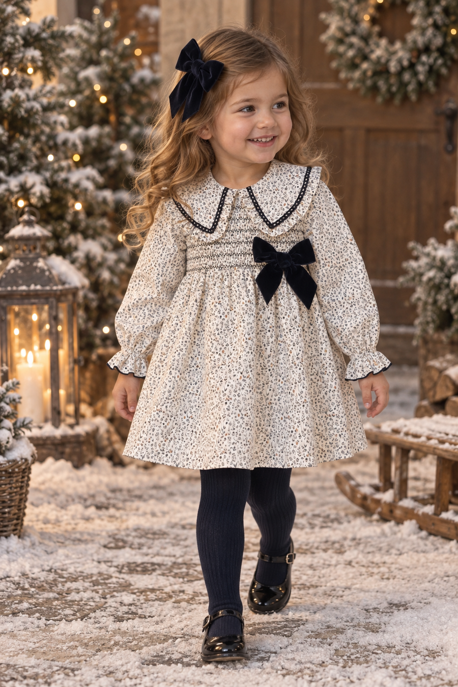 Valentina Bebe Navy Blue & White Ditsy Print Dress & Pant Set
