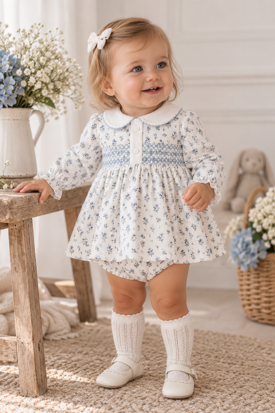 Sardon White & Blue Ditsy Print Dress Set