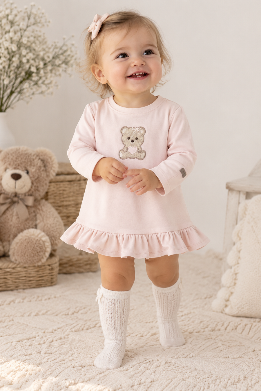 iDO Pale Pink Teddy Bear Motif Dress
