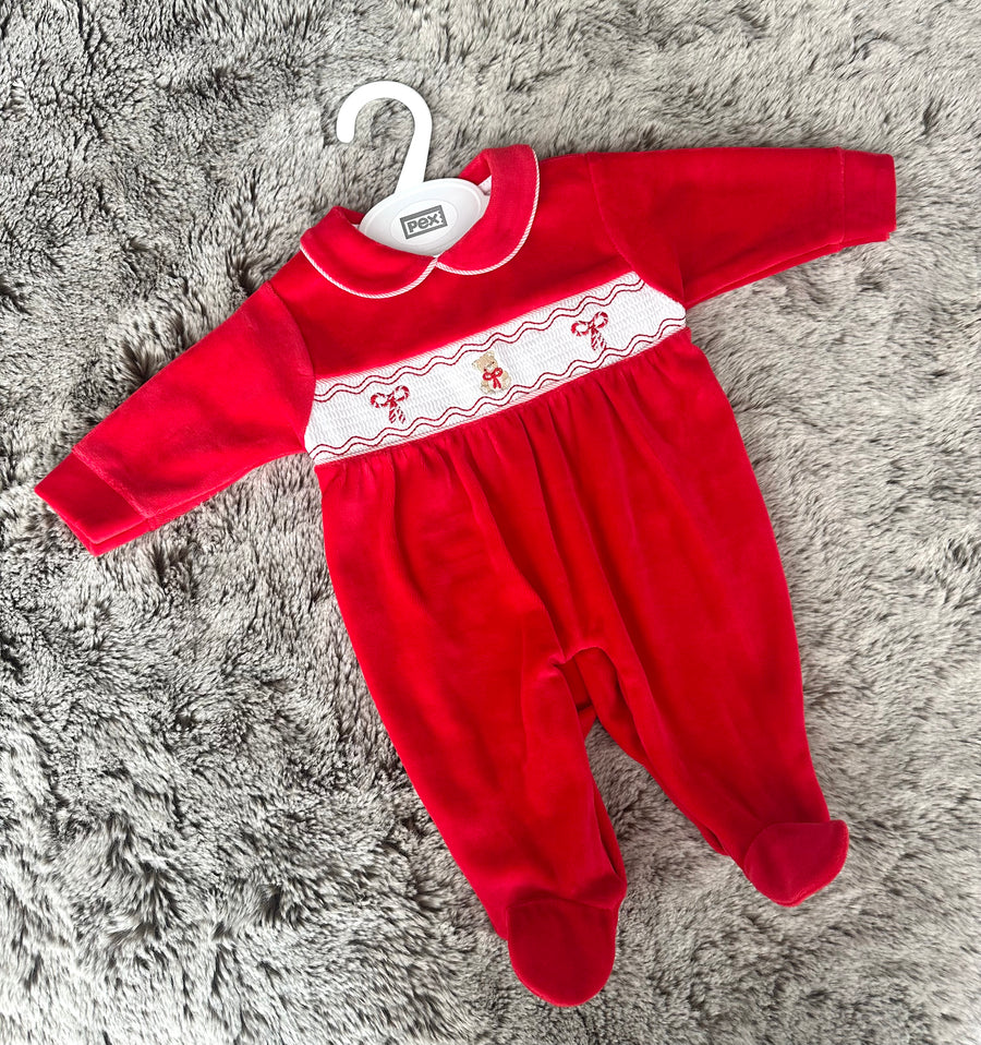 Pex Red Velour Smocked Bow Babygrow