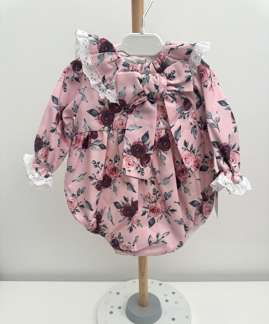 Puro Mimo Pink & Rose Print Lace Trimmed Romper