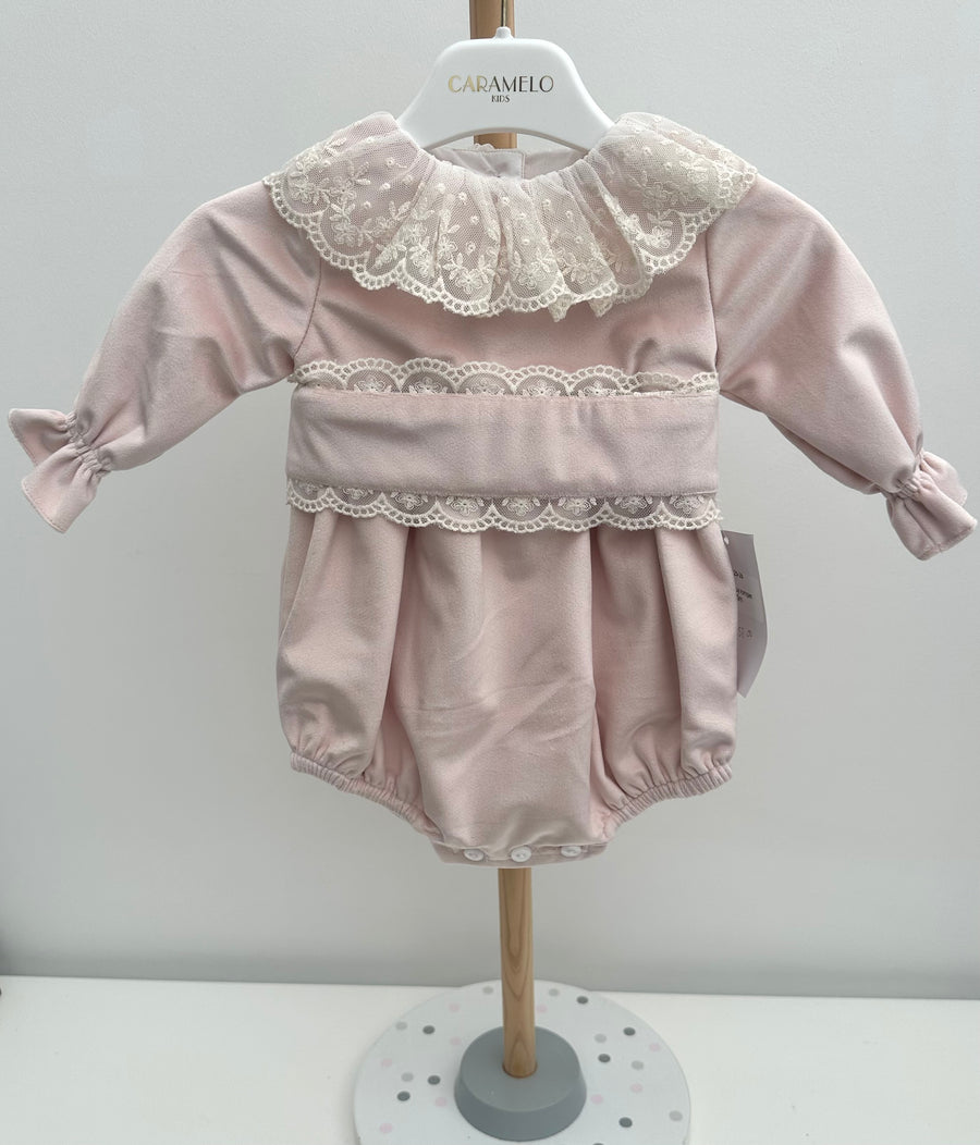 Puro Mimo Shell Pink Velvet & Ivory Lace Romper