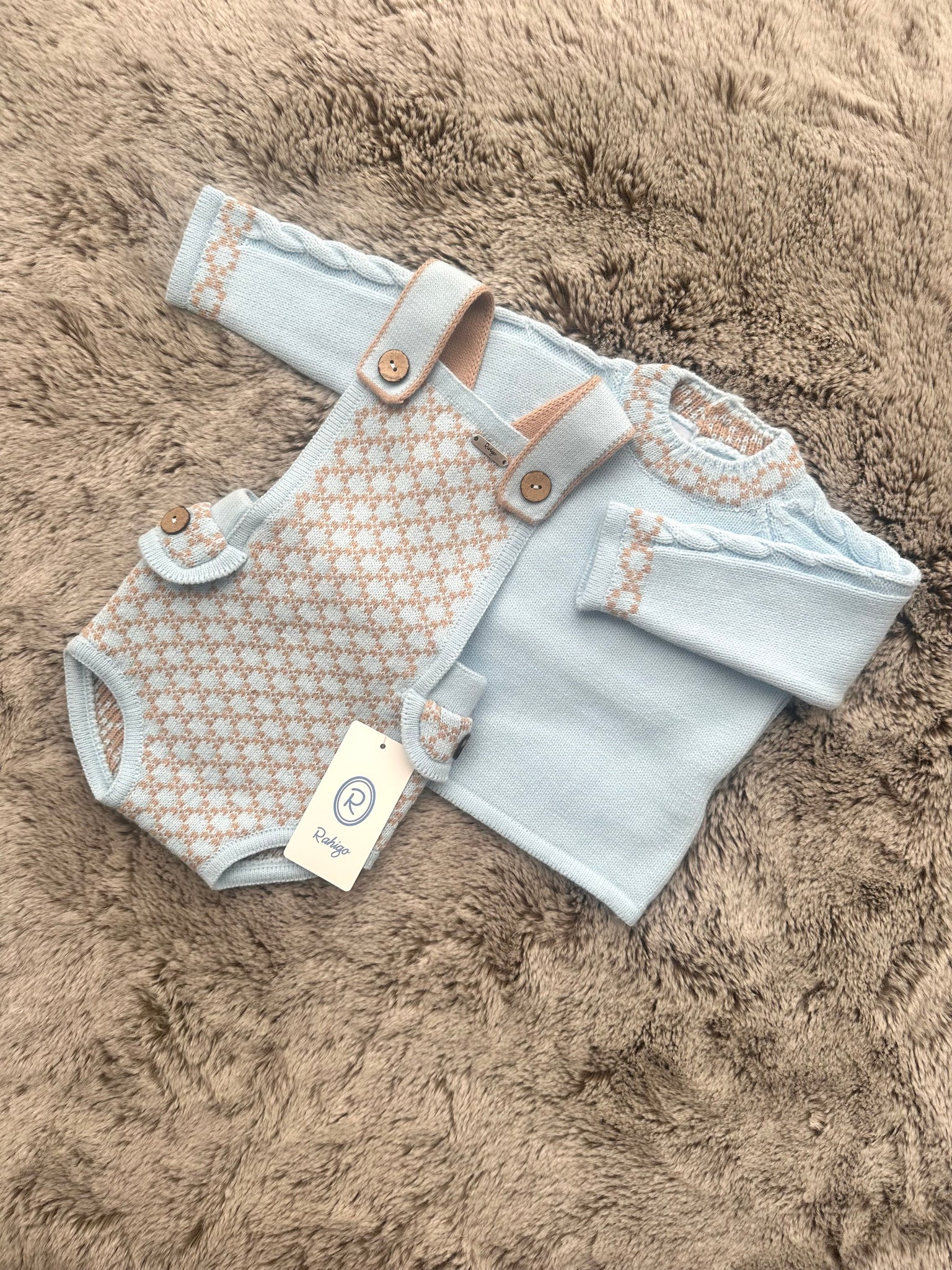 Rahigo Baby Blue & Camel Check Sweater & Romper Set