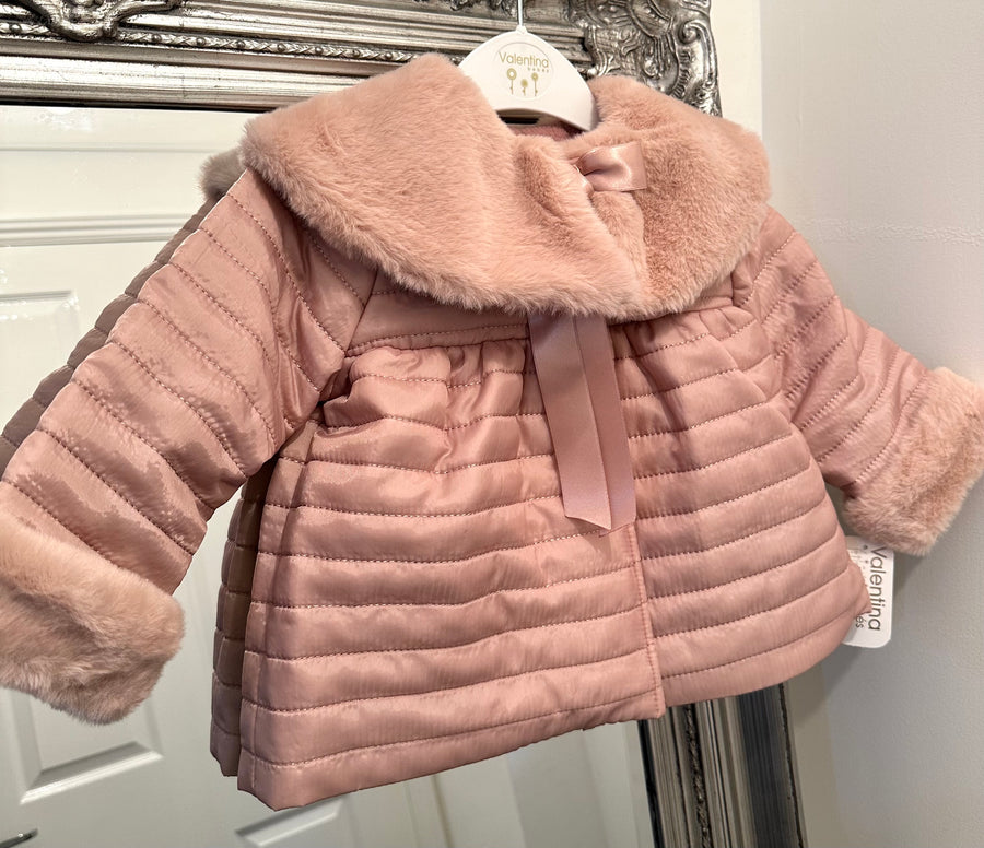 AW23 Valentina Bebes Pink Padded Jacket With Faux Fur Trims