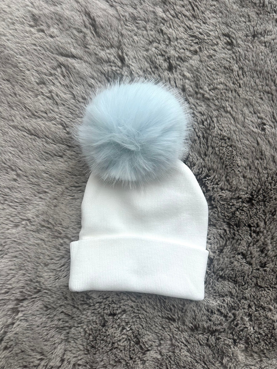 White & Baby Blue Single Pompom Baby Hat