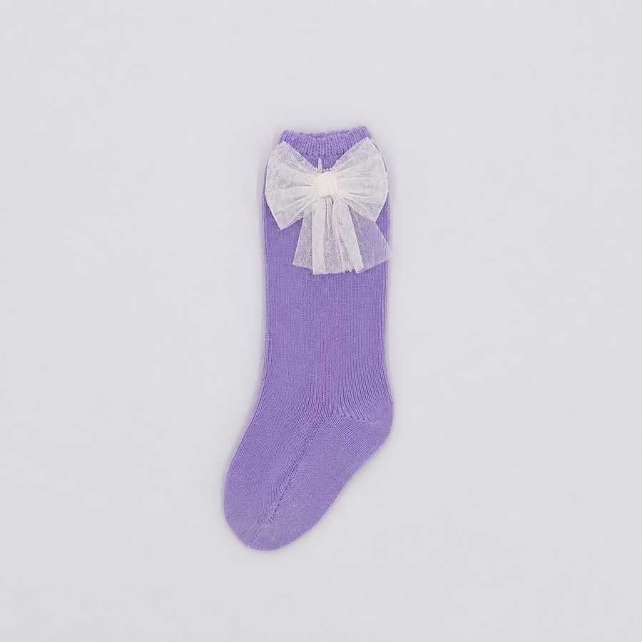 Rahigo Lilac & Cream Check Tulle Bow Trimmed Socks - PRE ORDER