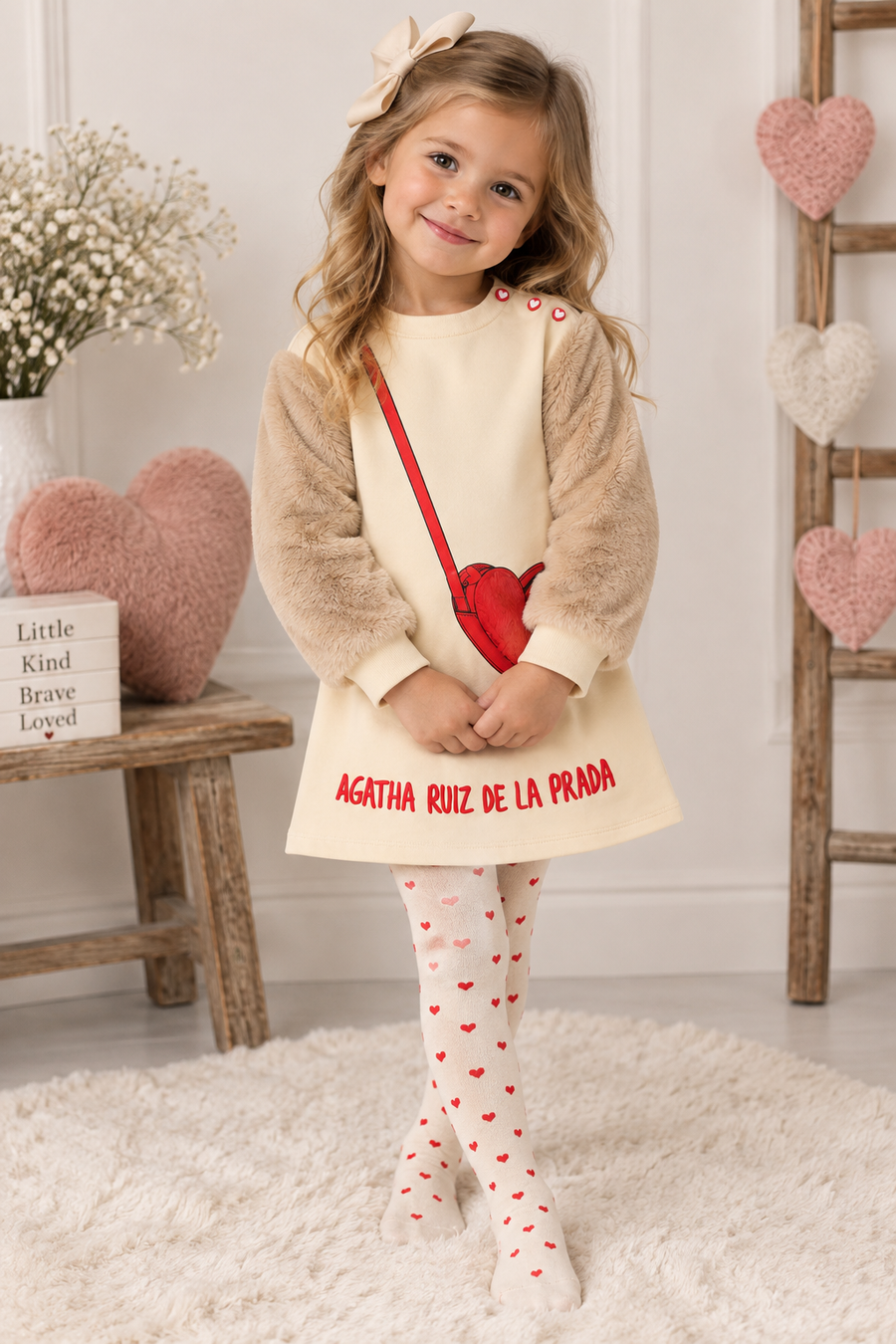 Agatha Taupe & Red Heart Handbag Motif Dress & Tight Set
