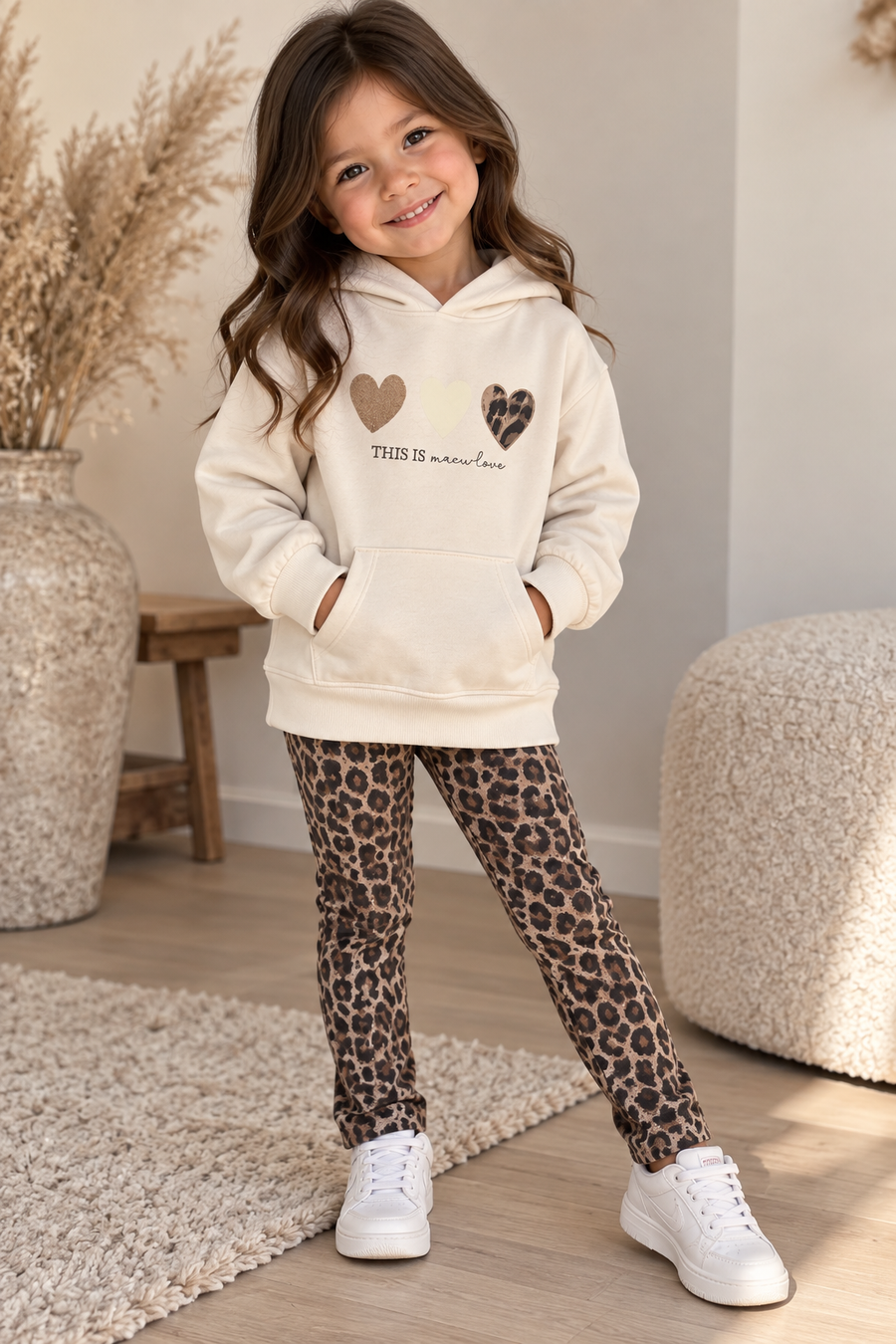 iDO Beige Hoody & Leopard Print Legging Set