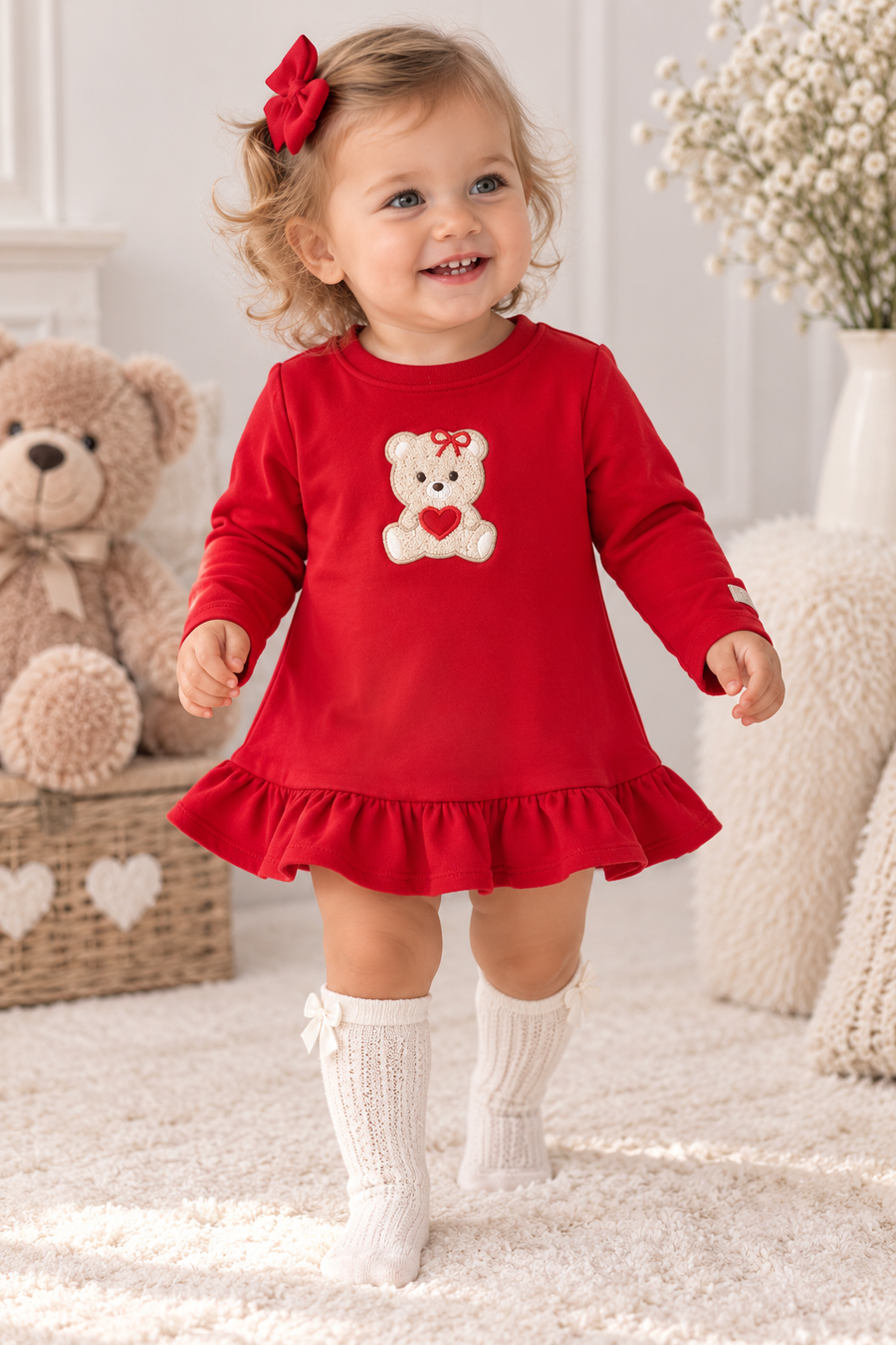 iDO Red Teddy Bear Motif Dress
