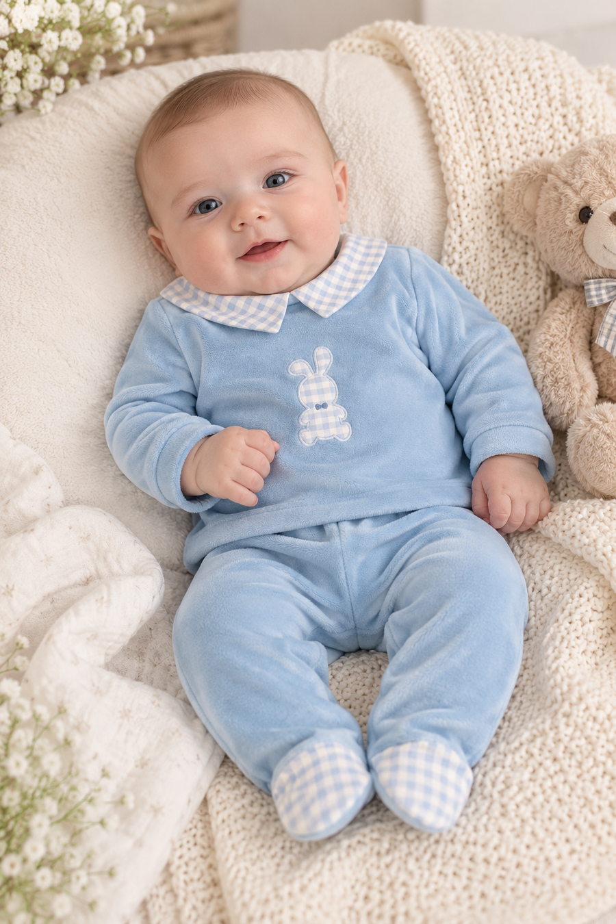 iDO Blue Velour Bunny Motif 2-Piece Babygrow