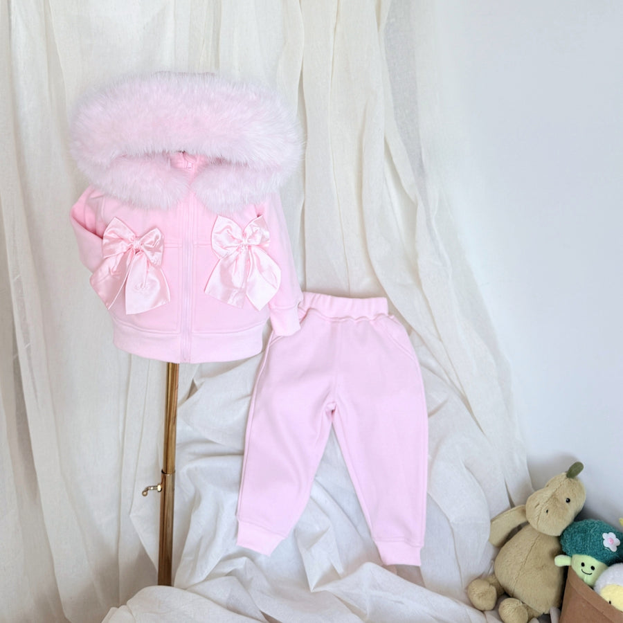 Signature Faux Furhood Double Bow Two-Piece Set
