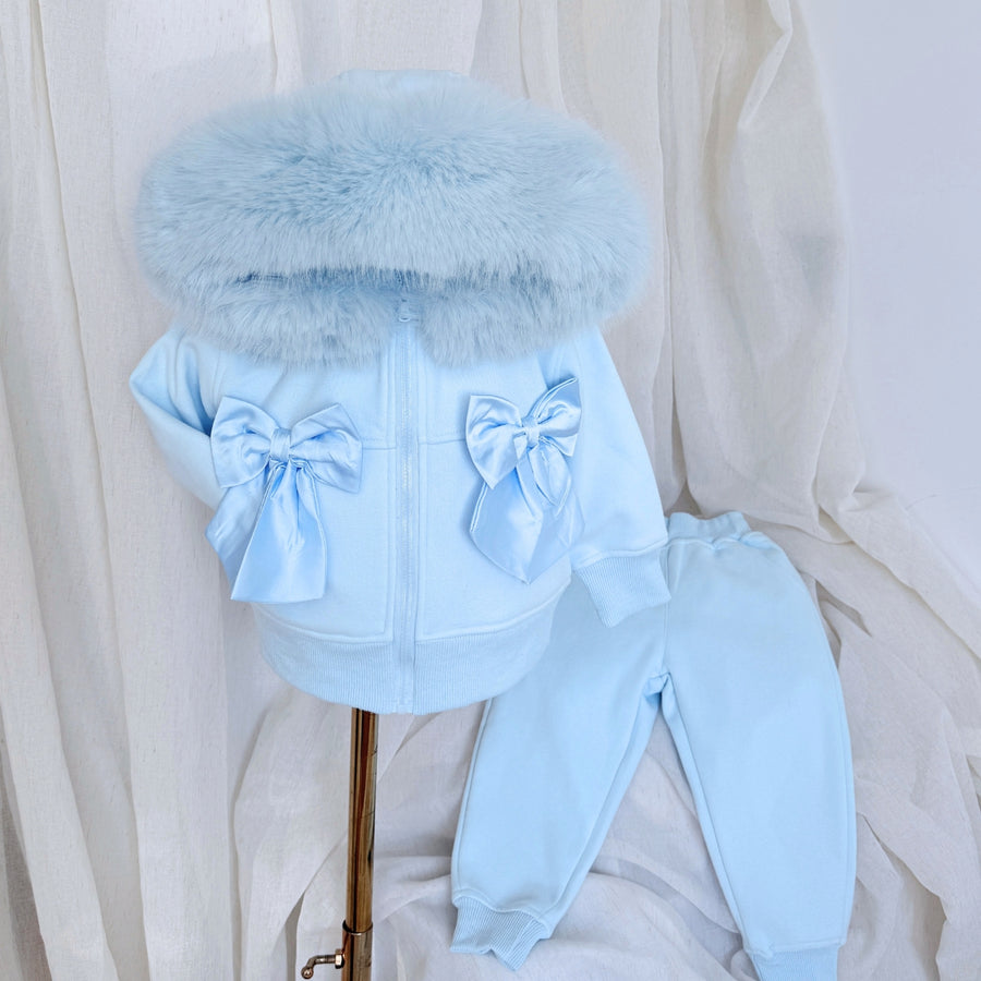 Signature Faux Furhood Double Bow Two-Piece Set Baby Blue