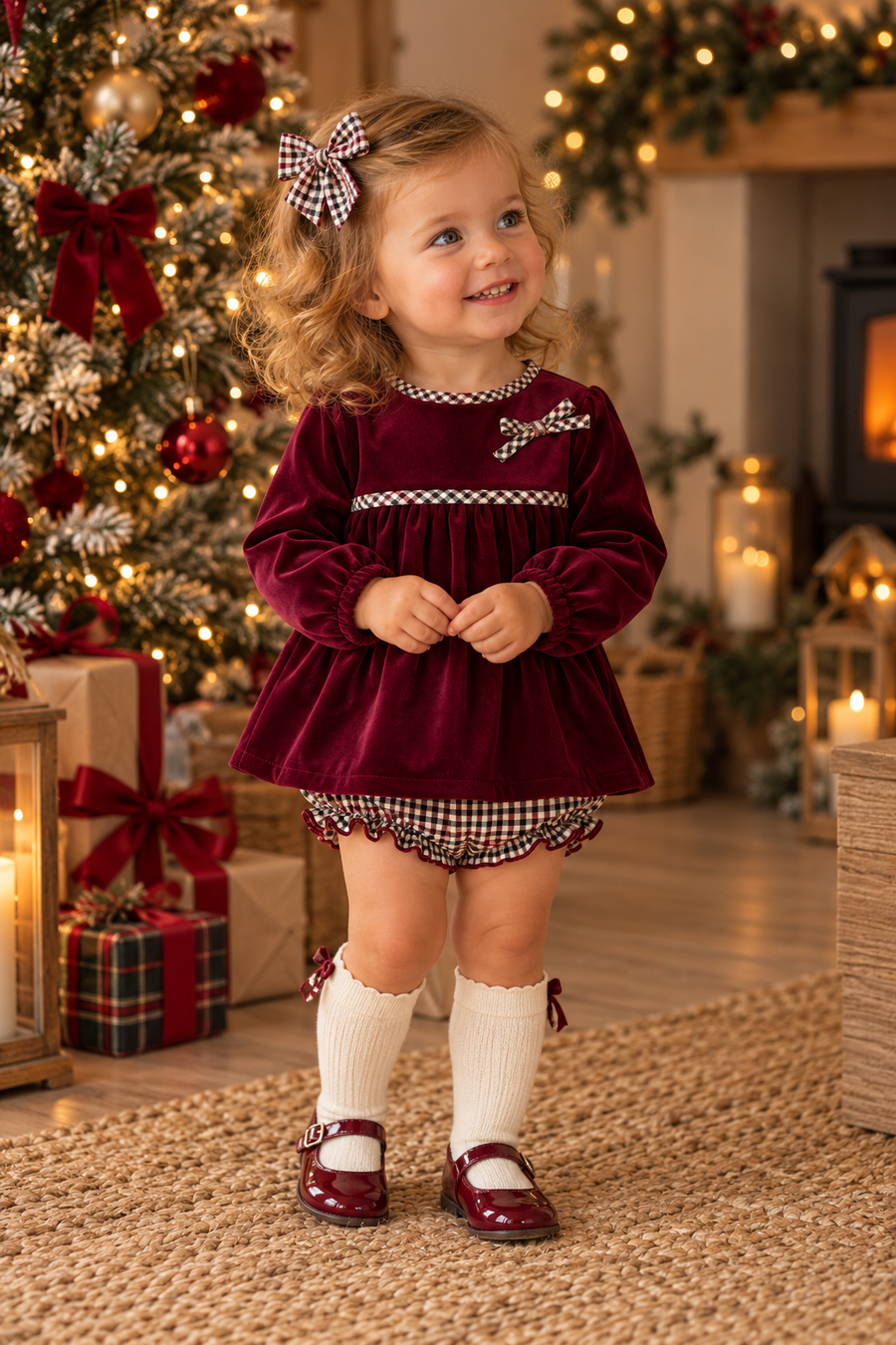 Rapife Burgundy Velvet & Burgundy & Black Check Jam Pant Set