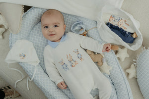 Jamiks Ivory & Blue Teddy Bear Print Babygrow