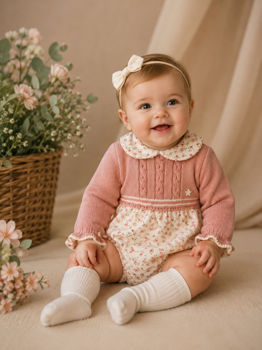 Sardon Dusky Pink & Ditsy Print Half-Knit Romper