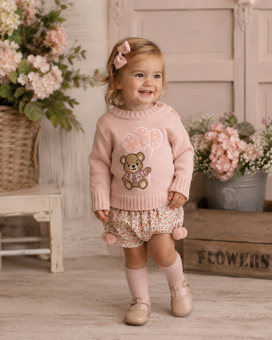 Sardon Dusky Pink & Ditsy Print Teddy Bear Motif Jam Pant Set