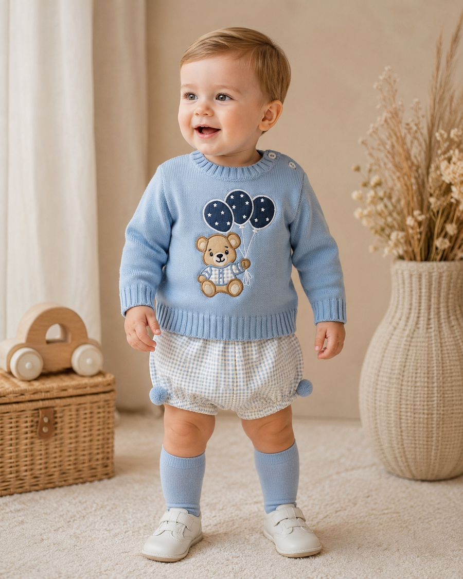 Sardon Blue & Blue Gingham Teddy Bear Motif Jam Pant Set