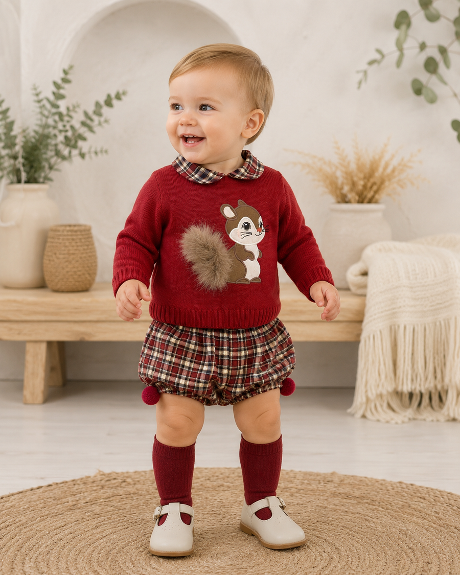 Sardon Burgundy & Tartan Squirrel Motif Jam Pant Set