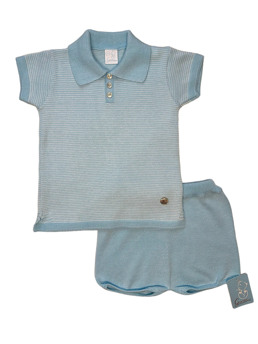 Artesania Granlei Blue & White Striped Knitted Polo Shorts Set
