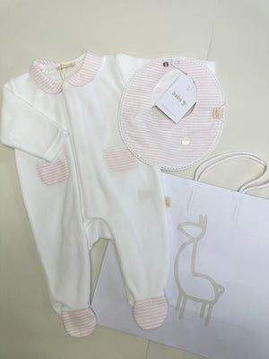 Baby Gi White Velour Babygrow & Pink Striped Bib Gift Set