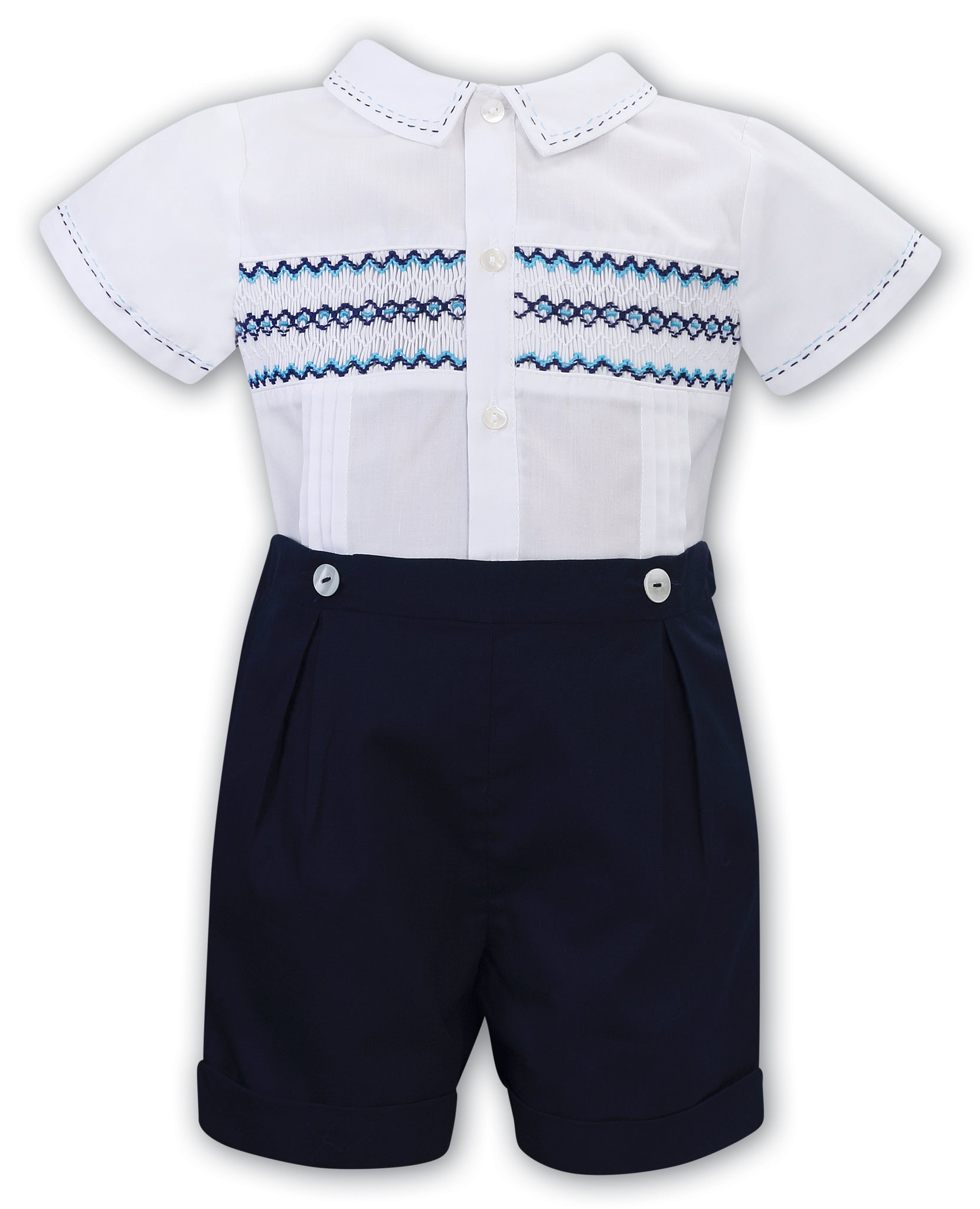 SS23 Sarah Louise White & Navy Embroidered Buster Suit