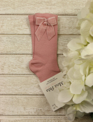 Meia Pata Dry Pink Knee High Socks with Velvet Bows