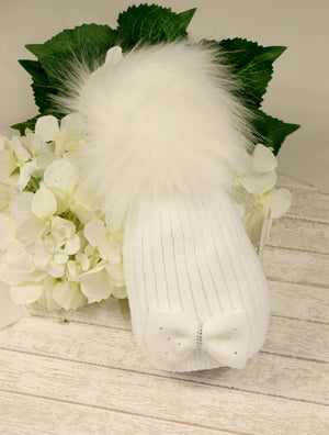 Pom Pom Envy Bow Hat - White