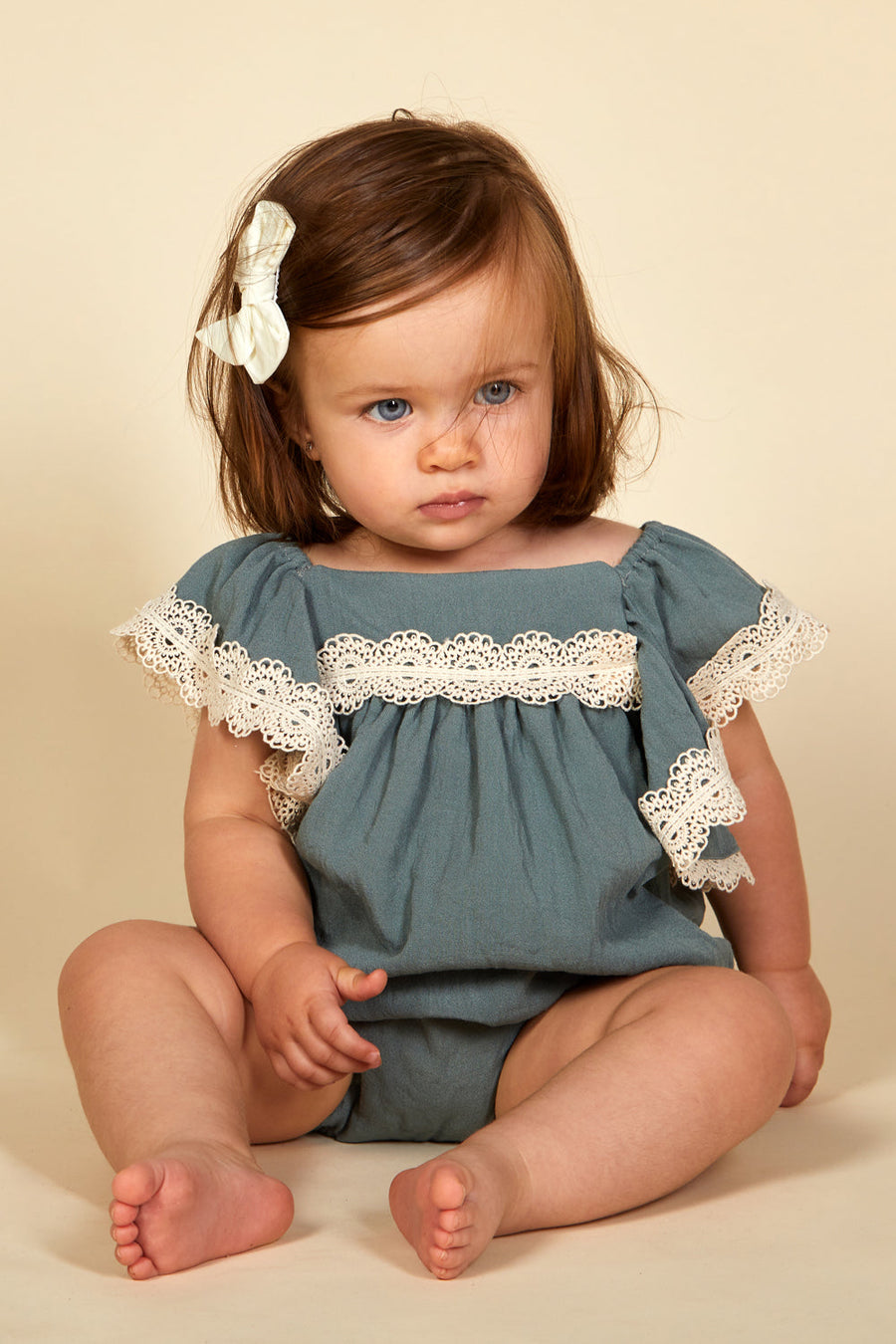 SS22 Nueces Kids Jade Green & Ivory Lace Romper