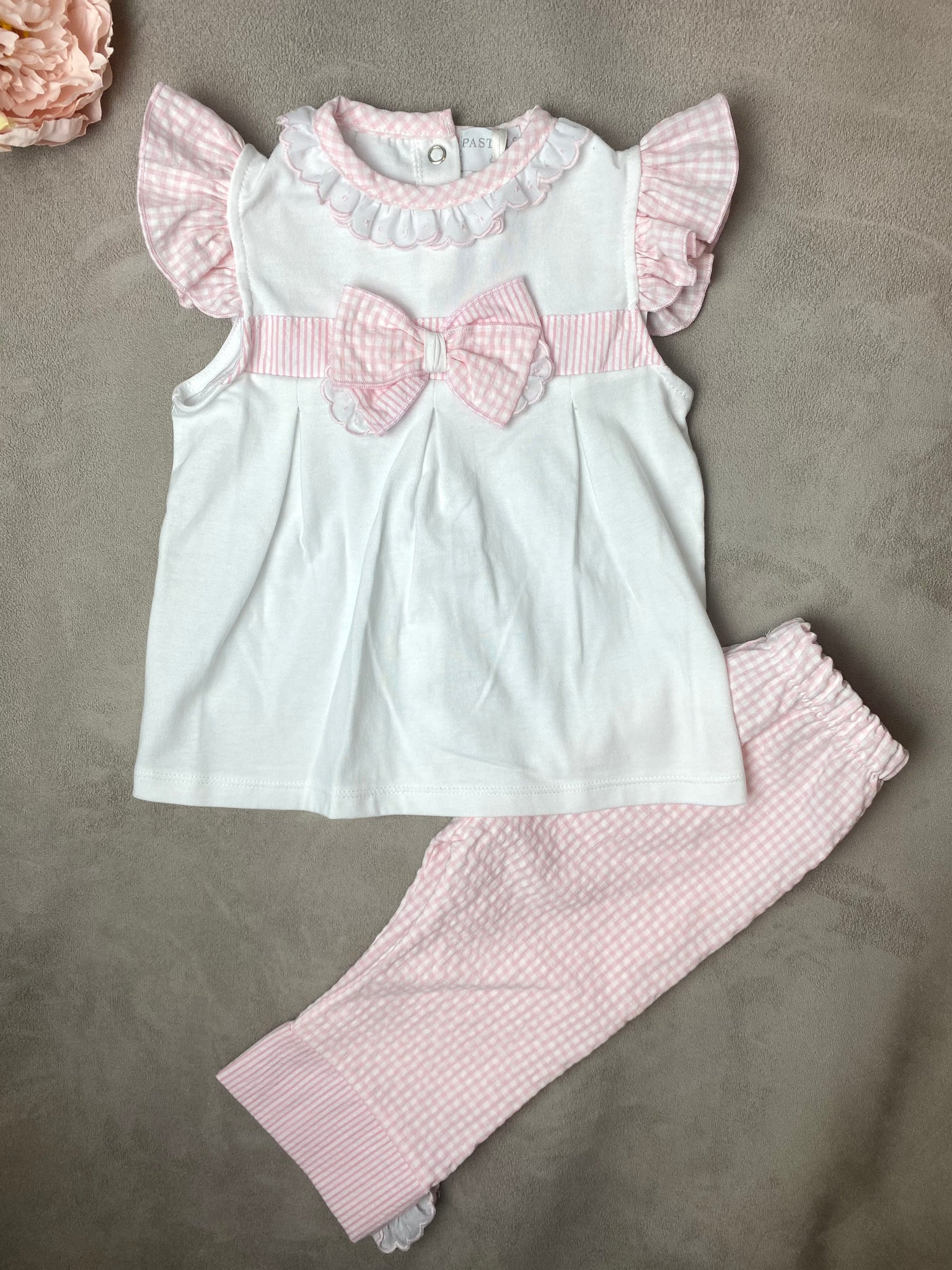 Pastels & Co Pink & White Gingham 3/4 Length Trouser Set