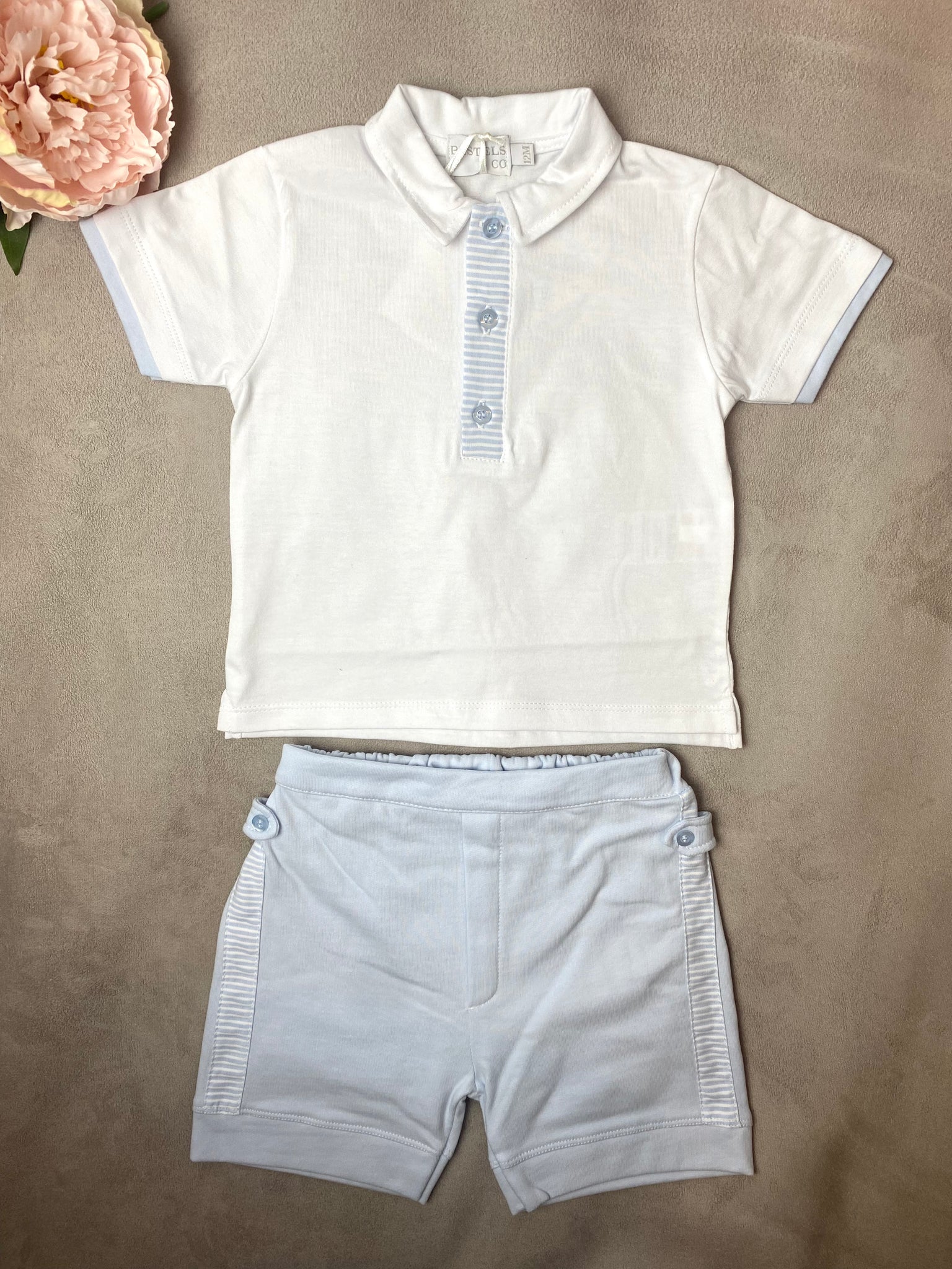 Pastels & Co Blue & White Boy's Polo Short Set