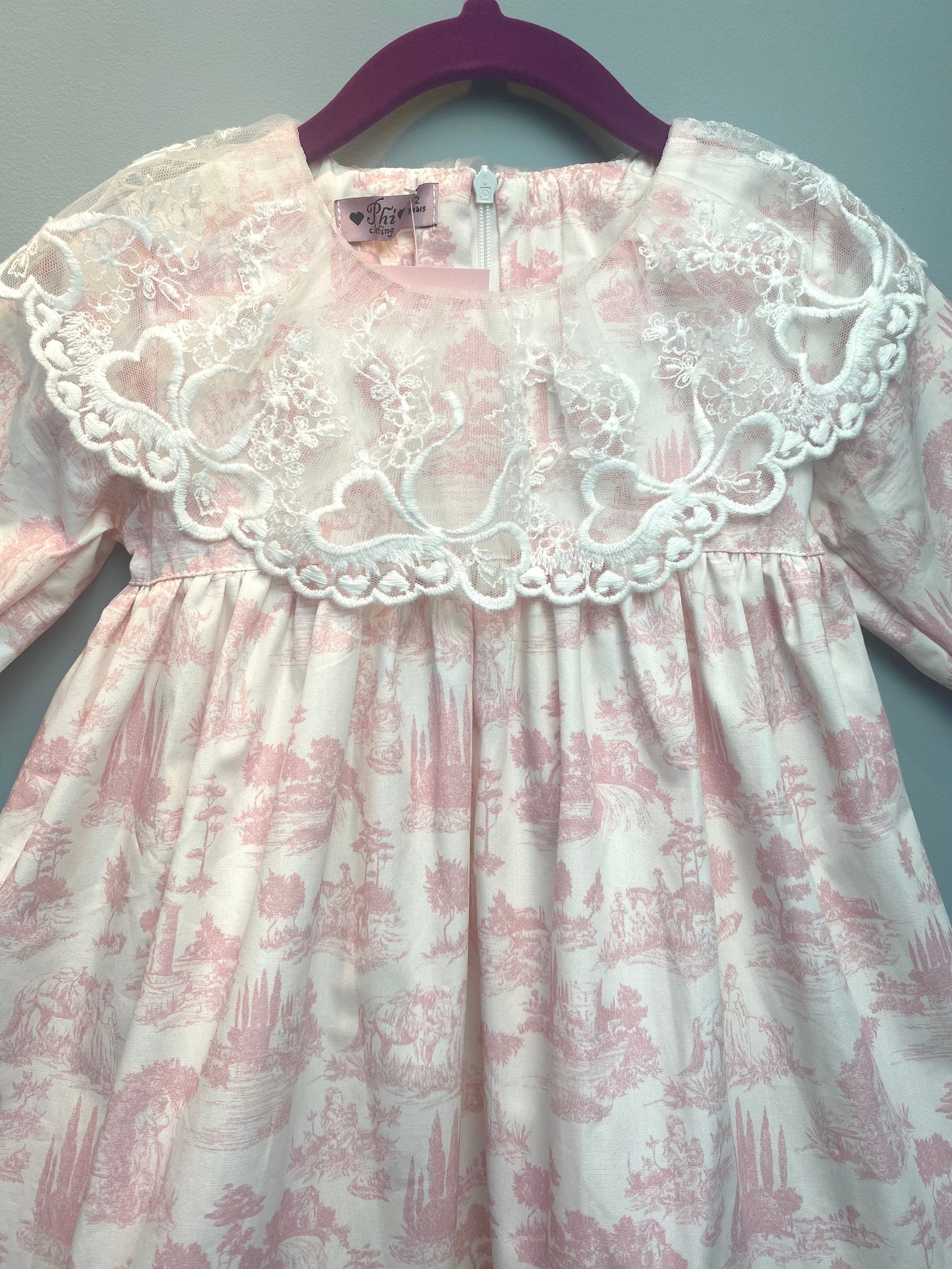 AW22 Phi Clothing Lillie & Friends Exclusive Pink & White ‘Toile de Jouy’ Lace Collared Dress