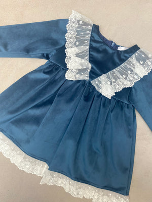 AW22 Deolinda Dark Blue & White Lace Trim Velvet Dress