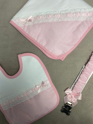 SS23 Sardon Dummy Clip, Shawl and Bib Gift Set – Pink & White