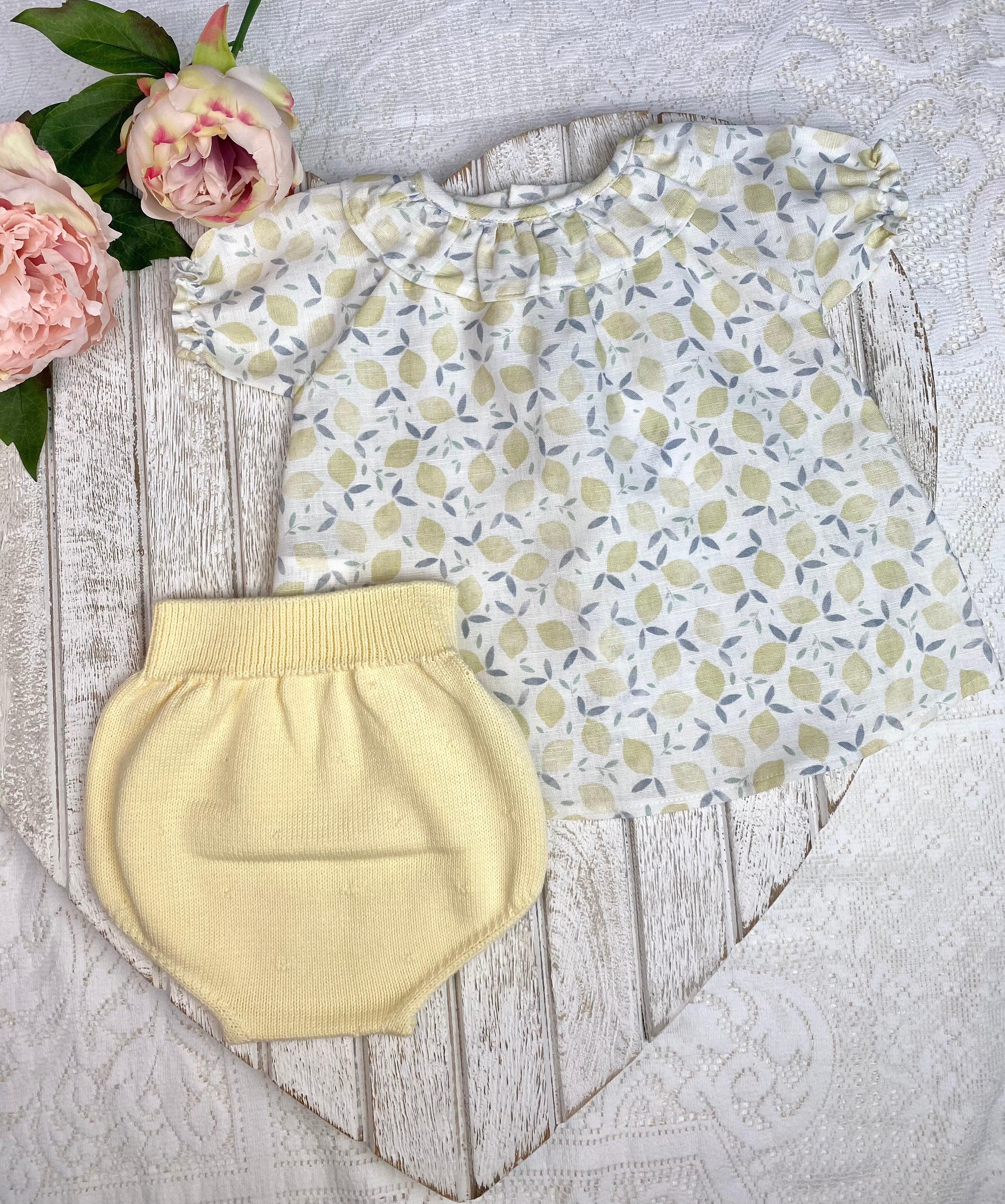 Mebi Yellow Lemon Print Linen Dress Set Traditional Spanish Baby