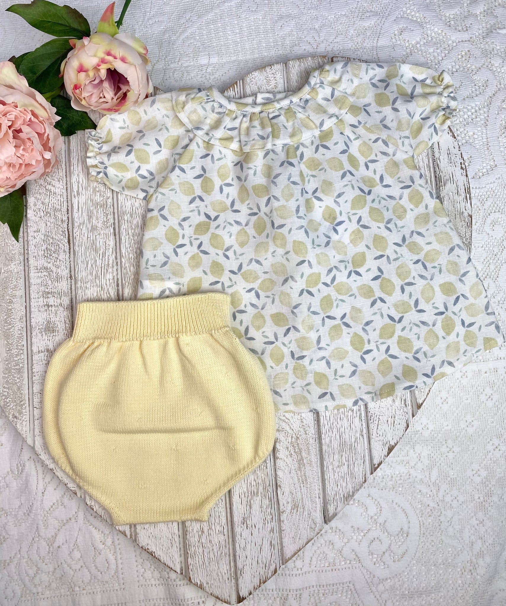 Mebi Yellow Lemon Print Linen Dress Set