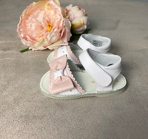 Pretty Originals White & Pink Leather Bow Sandals